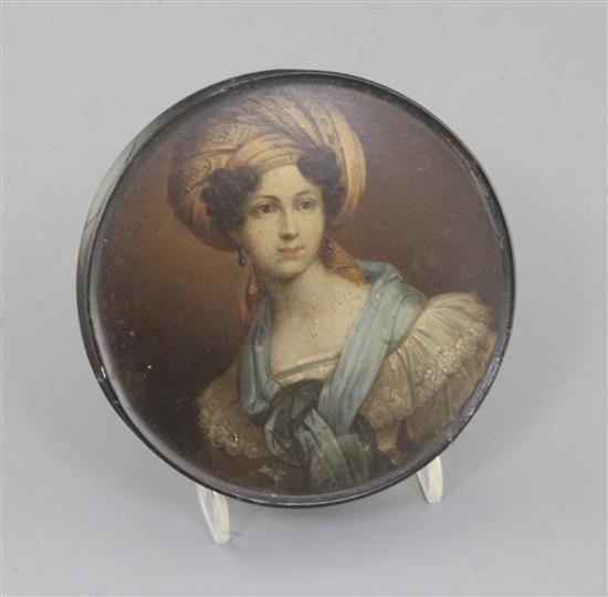 A Stobwasser papier mache table snuff box, c.1800, d. 9.7cm